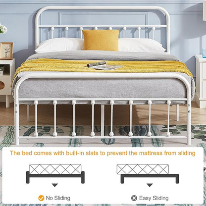 VECELO White Metal Bed Frame Queen Size with Vintage Headboard and Footboard, No Box Spring Needed, Premium Stable Steel Slat Support Mattress Foundation