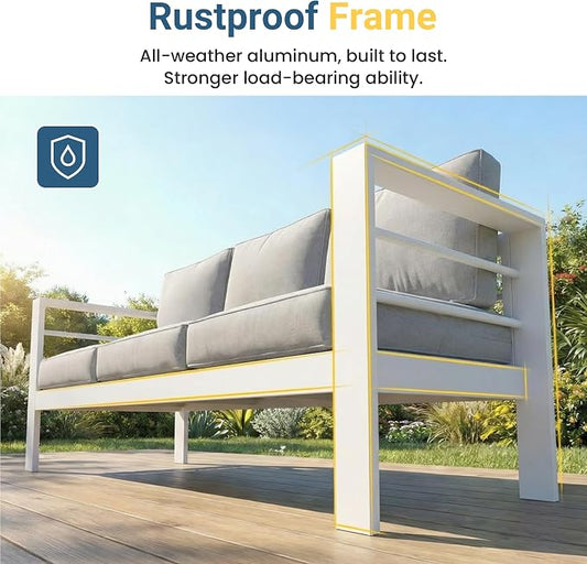 Wisteria Lane Aluminum Outdoor Sofa, 3 Pieces Patio Couch All-Weather Rust-Proof Modern Metal Patio Furniture with 5" Thick Olefin Cushions, Light Grey