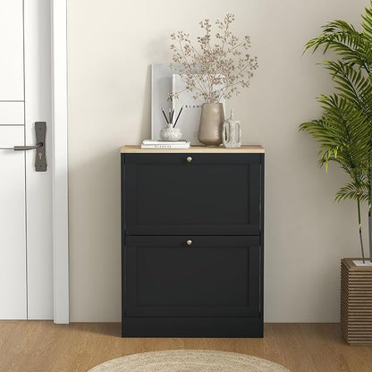 HOMCOM Shoe Storage Cabinet with 2 Flip Drawers, Wooden Freestanding Shoe Organizer with Adjustable Shelves for Entryway, Hallway, Black