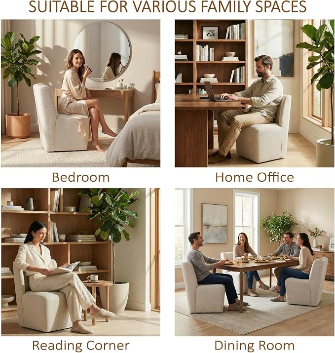 KISLOT Upholstered Dining Chairs Set of 4 with Casters, Wingback Modern Side Armless Deskchair with Rollers for Diningroom Bedroom Livingroom Reading Room, Cream Beige Fabric