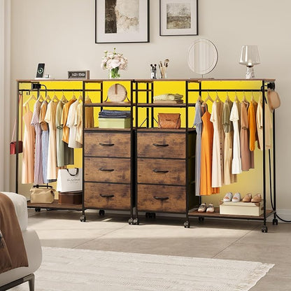 WLIVE Dresser with Hanging Rack for Bedroom, 3 Drawer Dresser with LED Lights & Charging Station, Fabric Dressers & Chest of Drawers, Storage Organizer with Open Shelves for Living Room, Brown