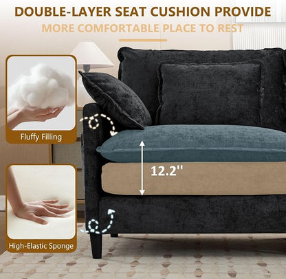 150.6" Chenille Modular Sectional Sofa, Convertible U Shaped Modular Sofa Comfy Cloud Couch with Ottoman, Side Pockets and 6 Throw Pillows for Living Room Black, 6 Seats