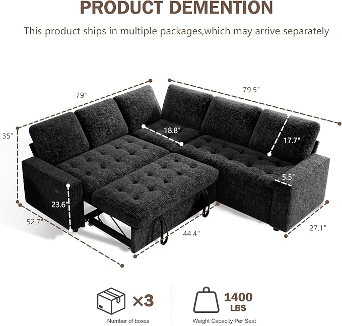 Sunny Heart Modular Sectional Sleeper Sofa with Pull Out Bed, Chenille L Shaped Sectional Sofa with USB Ports/Adjustable Backrest/Storage Seats, Tool-Free Assembly, Couches for Living Room Black