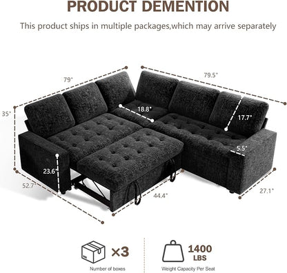 Sunny Heart Modular Sectional Sleeper Sofa with Pull Out Bed, Chenille L Shaped Sectional Sofa with USB Ports/Adjustable Backrest/Storage Seats, Tool-Free Assembly, Couches for Living Room Black