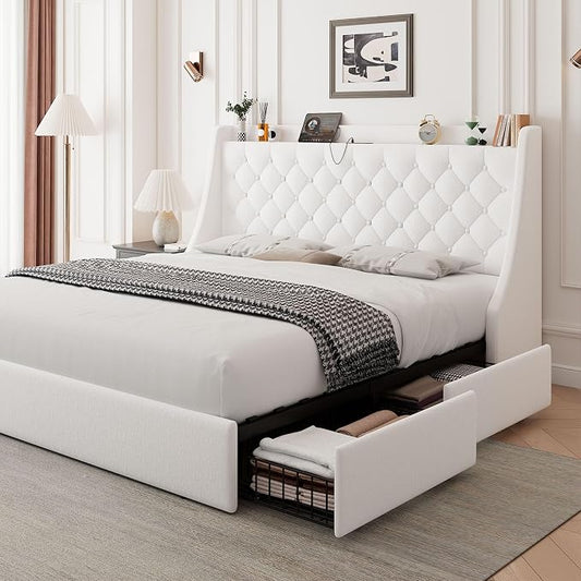 Feonase Upholstered Queen Size Bed Frame with 4 Storage Drawers, Charging Station, Tufted Wingback Storage Headboard, No Box Spring Needed, Easy Assembly, White