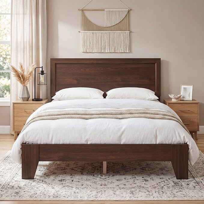 Giantex Full Size Wooden Bed Frame with Headboard, Wood Slat Support | Modern Platform Bed with Heavy Duty Mattress Foundation, Under-Bed Storage, No Box Spring Needed, Easy Assembly (Walnut)