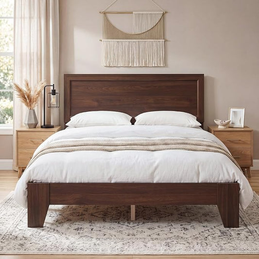 Giantex Full Size Wooden Bed Frame with Headboard, Wood Slat Support | Modern Platform Bed with Heavy Duty Mattress Foundation, Under-Bed Storage, No Box Spring Needed, Easy Assembly (Walnut)