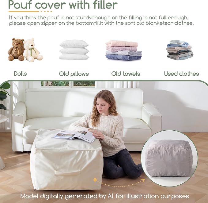HIGOGOGO Square Stuffed Pouf Ottoman, Pu Leather Poufs with Foam Chunk Filling, Furry and Fluffy Pouf Foot Stool Storage Ottoman,20 X 14 Inches Floor Poufs Foot Rest for Living Room, Beige