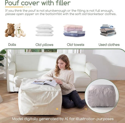 HIGOGOGO Square Stuffed Pouf Ottoman, Pu Leather Poufs with Foam Chunk Filling, Furry and Fluffy Pouf Foot Stool Storage Ottoman,20 X 14 Inches Floor Poufs Foot Rest for Living Room, Beige