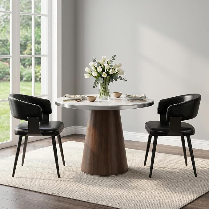 Dining Chairs Set of 2, Modern Upholstered PU Leather Kitchen & Dining Room Chairs with Curved Open Back Metal Legs, Kitchen Chairs for Dining Room Restaurant (Vintage Black, Set of 2)