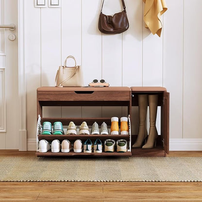 34" Storage Bench with Flip Drawers and Barn Doors, Adjustable Shelf, Flip-up Cabinet & Padded Cushion - Space-Saving Shoe Cabinet, Organizer for Entryway, Hallway, Bedroom
