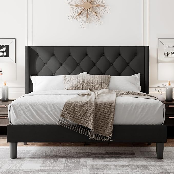 Feonase Full Size Bed Frame with Upholstered Wingback Headboard,Button Tufted Platform Bed and Heavy Duty Wooden Slats Support,Easy Assembly, Noise-Free,No Box Spring Needed, Black