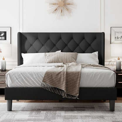 Feonase Full Size Bed Frame with Upholstered Wingback Headboard,Button Tufted Platform Bed and Heavy Duty Wooden Slats Support,Easy Assembly, Noise-Free,No Box Spring Needed, Black