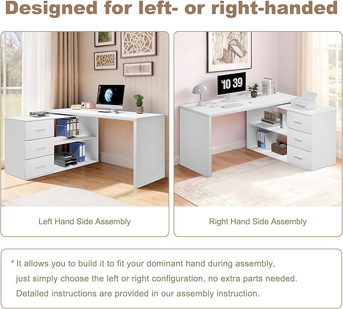 HSH L Shaped Office Desk with Drawers Shelves 55-76 Inch, Corner Computer Desk with Storage 360 Rotating Long for Work, Executive, Study, Writing, Teacher, Bedroom Modern Gaming Table White