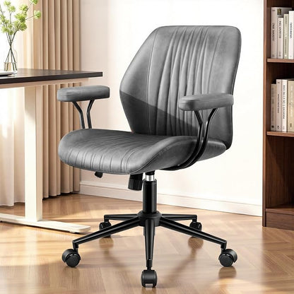HeroSet Leather Office Chair with Removable Armrests, Mid Back Ergonomic Desk Chair with Lumbar Support, Adjustable Height Rocking Swivel Executive Chair for Home Office, Drak Gray