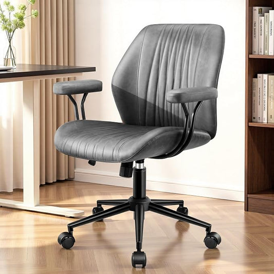 HeroSet Leather Office Chair with Removable Armrests, Mid Back Ergonomic Desk Chair with Lumbar Support, Adjustable Height Rocking Swivel Executive Chair for Home Office, Drak Gray