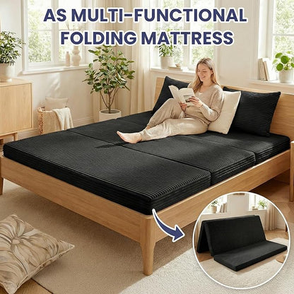 Convertible Sofa Bed Couch, 78’’ Oversized 4-in-1 Boneless Couches with Removable Armrests Backrest, Corduroy Futon Sofa Bed, Foldable Mattress Sleeper Sofa for Living Room Bedroom (Black)