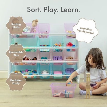 Humble Crew Toy Storage Organizer with 16 Removable Storage Bins for Kids Playroom, 4-Tier Toddler Toy Organization and Storage, White/Purple/Pink/Blue