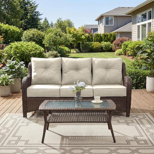 Patio Furniture Set, 2PCS Outdoor Wicker Conversation Set with 6" Thick Cushions, High Back Rattan Sofa, Weather Resistant Olefin Fabric for Garden, Poolside, Beige