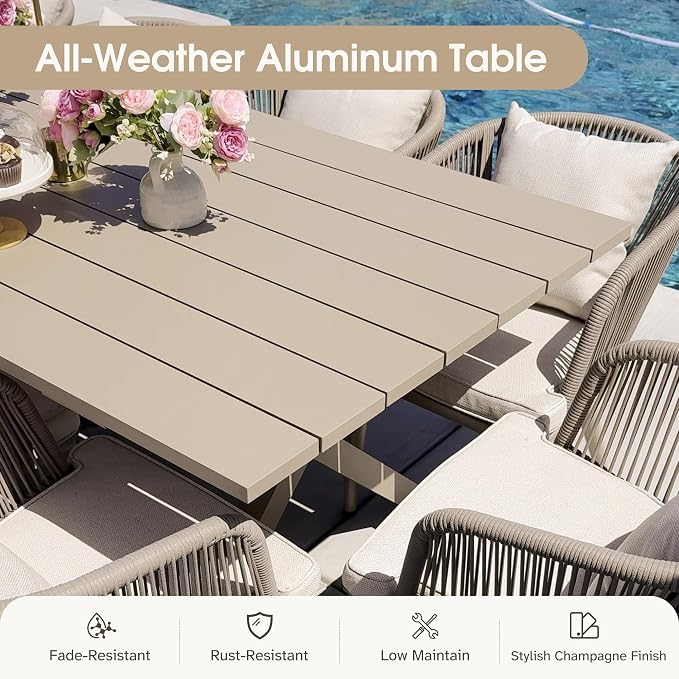 PURPLE LEAF 9 Pieces Outdoor Metal Furniture Set Patio Conversation Sets Dining Set, 1 Square Dining Table and 8 Modern Chairs with Cushions Seat Champagne