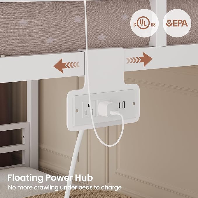 ADORNEVE Low Bunk Bed Full Over Full with Stairs, 3 Storage Drawers & Power Outlet, Full Size Metal Floor Bunk with RGB Lights & Shelves, Space-Saving Kids Bed, White