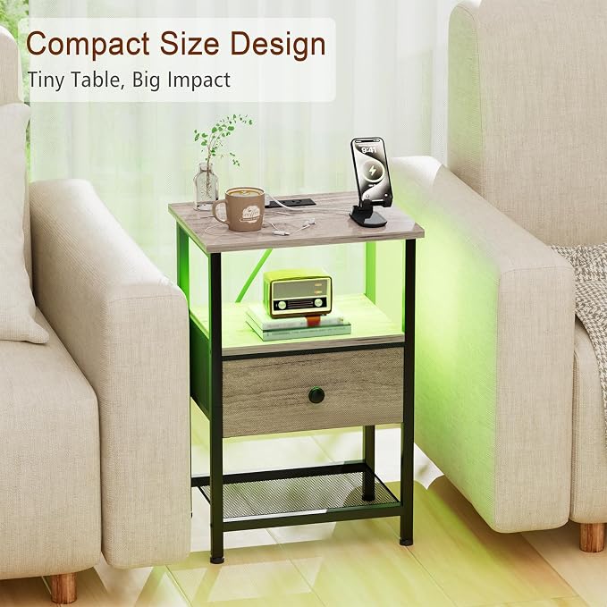 LOAKEKEL Nightstand with Charging Station, End Table with Fabric Drawer, LED Night Stand for Bedroom, Small Bed Side Table with USB Ports and Outlets, Grey, HETS01GY-1
