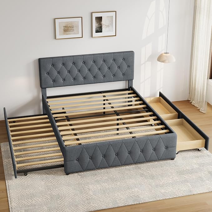 Queen Bed Frame with 2 Wood Storage Drawers & Pull‑Out Trundle Bed,Upholstered Platform Bed Frame Queen Size with Adjustable Headboard,Wooden Slats Support,No Box Spring Needed,Dark Gray