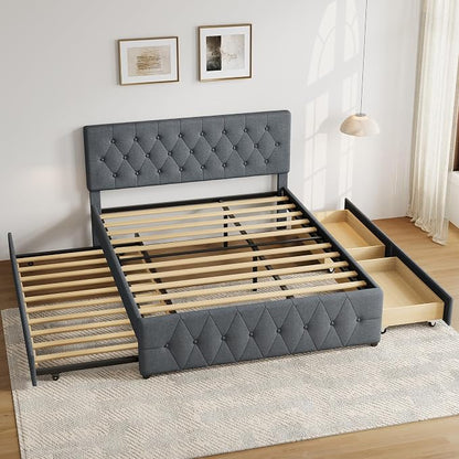 Queen Bed Frame with 2 Wood Storage Drawers & Pull‑Out Trundle Bed,Upholstered Platform Bed Frame Queen Size with Adjustable Headboard,Wooden Slats Support,No Box Spring Needed,Dark Gray