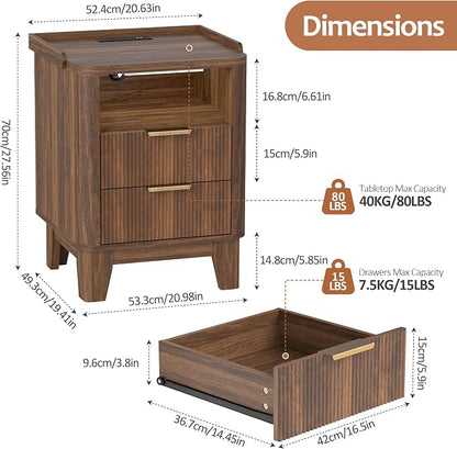 Turosur Night Stand with Charging Station, Fluted Nightstand with 2 Drawers and LED Light, Wood Bedside Table with Open Storage for Bedroom, Walnut
