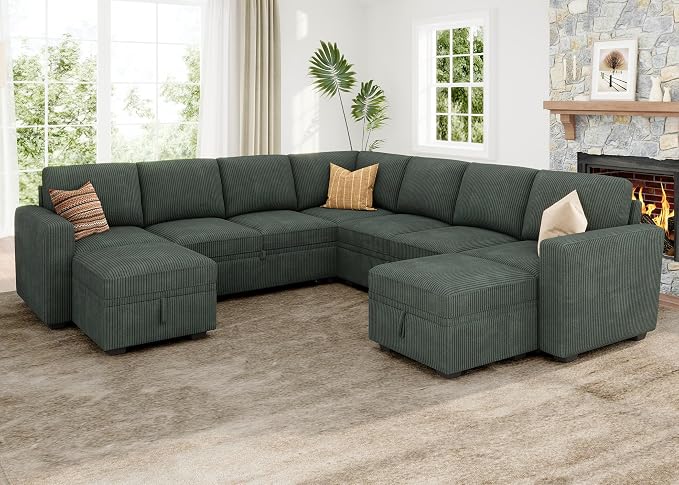 HONBAY Modular Sectional Sleeper Sofa with Pull Out Couch, Corduroy Oversized Sectional Couches Pull Out Bed with U Shaped Sleeper Storage for Living Room - Green