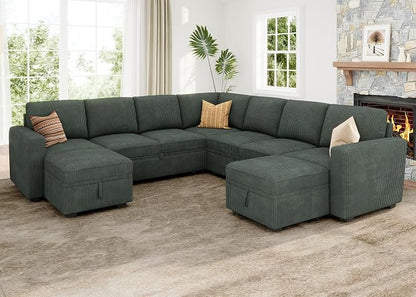 HONBAY Modular Sectional Sleeper Sofa with Pull Out Couch, Corduroy Oversized Sectional Couches Pull Out Bed with U Shaped Sleeper Storage for Living Room - Green
