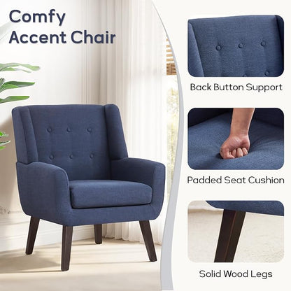 HUIMO Accent Chairs Set of 2,Upholstered Button-Tufted Linen Living Room Chairs,Mid Century Modern Armchair with Fabric,Comfy Arm Chairs for Club Living Room Reading Bedroom,Waiting Room Dark Blue