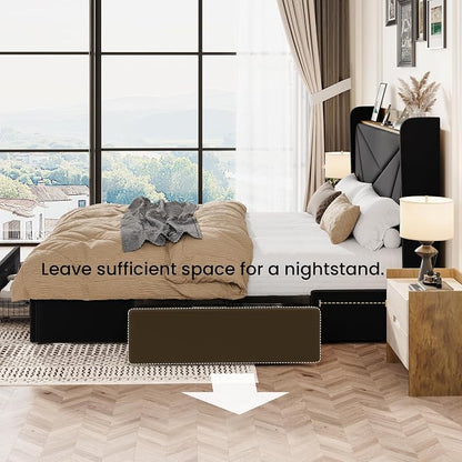 SHA CERLIN Queen Bed Frame with 3 Drawers, USB & Type-C Charging Ports, Velvet Upholstered Platform Bed with Modern Geometric Wingback Storage Headboard, No Box Spring Needed, Easy Assembly, Black
