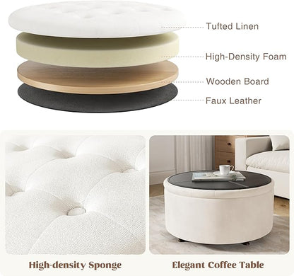 30 Inch Round Storage Ottoman,Modern Tufted Ottomans,Circular Coffee Table with Removable Top,Upholstered Large Ottoman with Storage Footrest Stool for Bedroom Living Room (White)