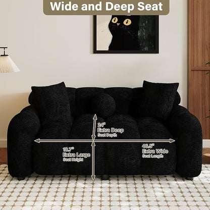 Wrofly Boucle Sofa Couch, 64.7" Modern Tufted Upholstered 2 Seater Loveseat Sofa with 3 Pillows, Comfy Deep Seat Cloud Couch, Small Love Seat for Living Room Apartment, Black