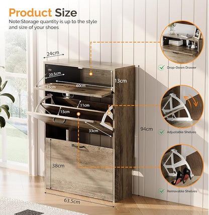 VINGLI Set of 2 Washed Gray Shoe Cabinet for Entryway, 2-Pack Ultra Slim Shoe Organizer with 2 Flip & 1 Drop-Down Drawers, 24.8" W Narrow Shoe Cabinet for Front Door, Modern Shoes Rack for Hallway