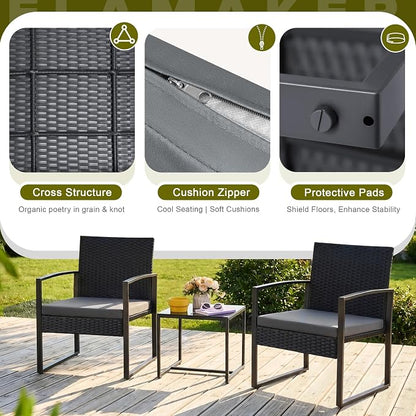 Flamaker 3 Pieces Patio Set Outdoor Wicker Furniture Modern Bistro Rattan Chair Conversation Sets with Coffee Table for Yard (Grey)