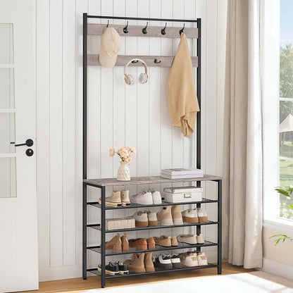 HOOBRO Hall Tree, Coat Rack with Shoe Rack, 39.4" Hall Tree with Bench, 5 Tier Shoe Storage Organizer with 9 Hooks for Entryway, Closet, Sturdy, Industrial, Greige and Black BG801MT01