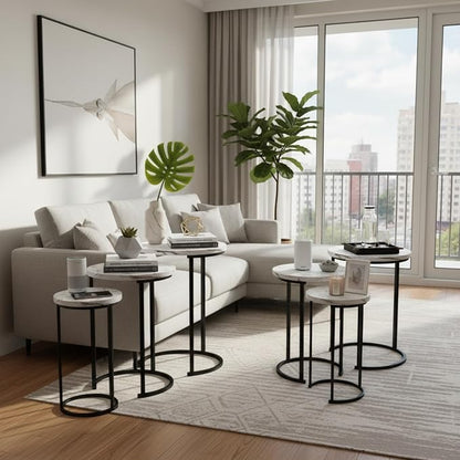 Lavish Home Nesting Tables - Set of 6 Space-Saving Round Side Tables with Faux Marble Tops – Modern Apartment Furniture Accent & End Table Set for Living Room, Bedroom, or Home Office (White)