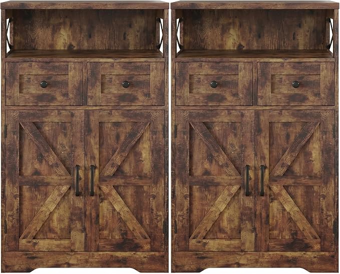 Rustic Brown Farmhouse Storage Cabinet Set of 2, Small Kitchen Pantry Cabinet with Drawers and Adjustable Shelves, Sideboard Buffet Coffee Bar Cabinet for Living Room/Dining Room/Bathroom/Home Office