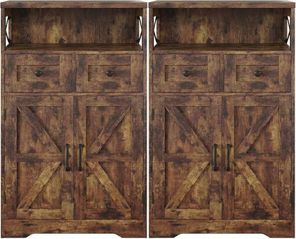 Rustic Brown Farmhouse Storage Cabinet Set of 2, Small Kitchen Pantry Cabinet with Drawers and Adjustable Shelves, Sideboard Buffet Coffee Bar Cabinet for Living Room/Dining Room/Bathroom/Home Office