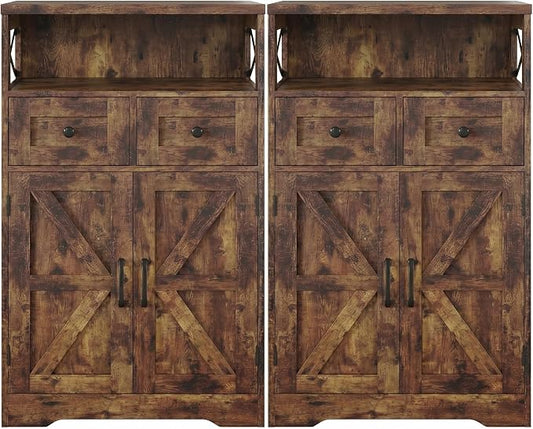 Rustic Brown Farmhouse Storage Cabinet Set of 2, Small Kitchen Pantry Cabinet with Drawers and Adjustable Shelves, Sideboard Buffet Coffee Bar Cabinet for Living Room/Dining Room/Bathroom/Home Office