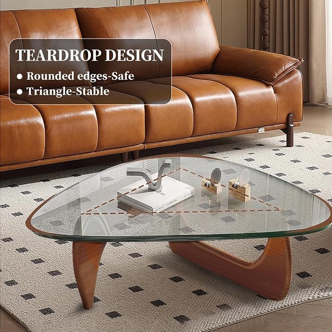 Mid Century Modern Glass Coffee Table, Coffee Table for Living Room, Noguchi Coffee Tables,Suitable for Bedroom Living Room Reception Office Tables (Walnut/Transparent, ML)
