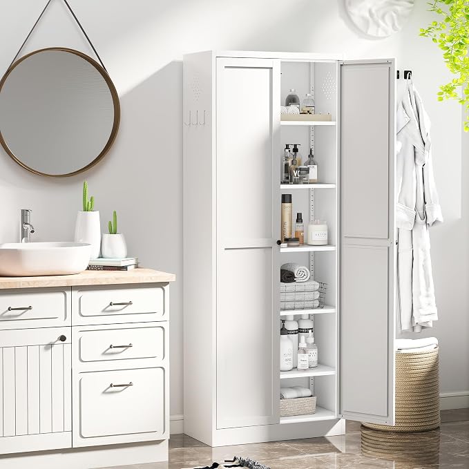 72" H White Metal Kicthen Pantry Storage Cabinet 6-Tier Cupboard | Storage Cabinet with 5 Adjustable Shelves for Kitchen, Living Room, Heavy Duty Utility Cabinet, Assembly Require
