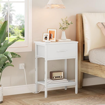 Vagusicc White Nightstand Set of 2 with Charging Station, Bed Side Table with Fabric Drawer, Small End Table with 2-Tier Storage Shelves, 25.4" Tall Bedside Table, Night Stand for Bedroom, Living Room