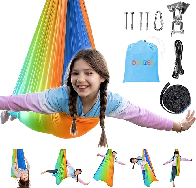OUTREE Double Layer Therapy Swing with 360 Swivel Hanger, Healing & Relaxing Cuddle Swing for Kids and Adults with Autism, ADHD, Sensory Processing Disorder (Orange-Green Gradient)