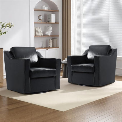Faux Leather Swivel Accent Chairs Set of 2, 360° Swivel Upholstered Club Armchairs for Living Room, Comfy Single Sofa Reading Chair with Deep Seat, Metal Swivel Base, Black