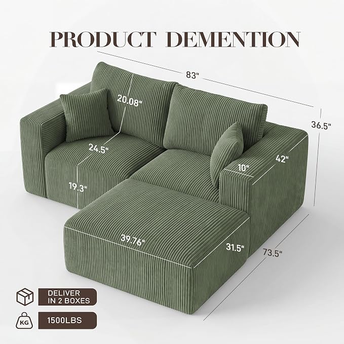 Modular Sectional Sofa with Ottoman, L-Shaped Cloud Couch, 79" Memory Foam Boneless Loveseat with Chaise, No Assembly Required Corduroy Frameless Sofa for Small Living Room Apartment Home Decor, Green