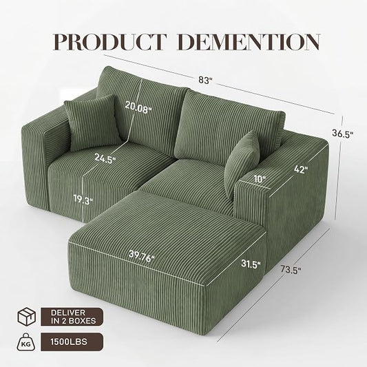 Modular Sectional Sofa with Ottoman, L-Shaped Cloud Couch, 79" Memory Foam Boneless Loveseat with Chaise, No Assembly Required Corduroy Frameless Sofa for Small Living Room Apartment Home Decor, Green