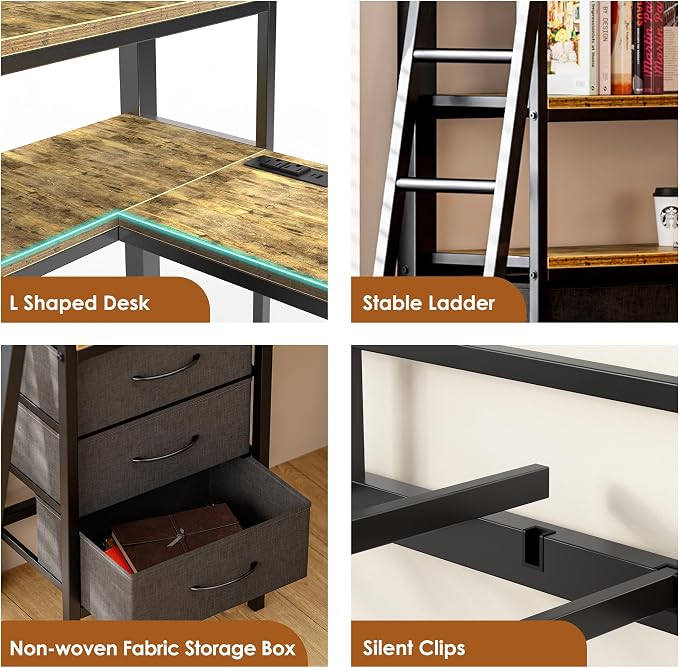 Cryrature Full Size Loft Bed with L-Shaped Desk, Charging Station,LED Lights,Heavy Duty Metal Loft Bed Frame with 3 Fabric Drawers & Open Shelve,No Box Spring Needed, Black